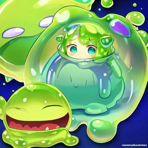 Prompt: slime pet, slime companion, friend, green, videogame, cute, monster, creature, king, magic, scrunkly