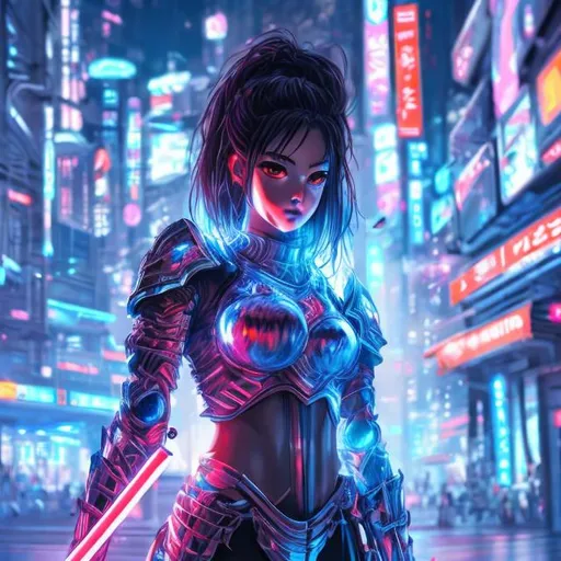 Prompt: Manga style woman warrior in light futuristic armor holding a glowing sword in a futuristic neon lit city at night. 4k, ultra detailed. 