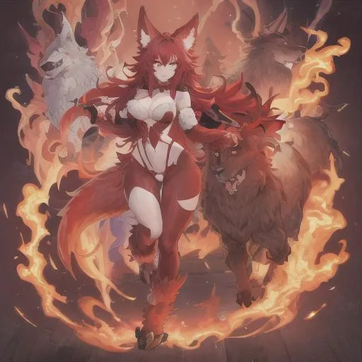 Prompt: gorgeous, beastkin wolf, female, full body, red hair, small body, fire, fur