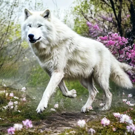 Prompt: white wolf running and flowers bloom beneath his feet
