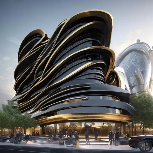 Prompt: A 5 section futuristic luxurious building shaped like the wind with black and gold colours 