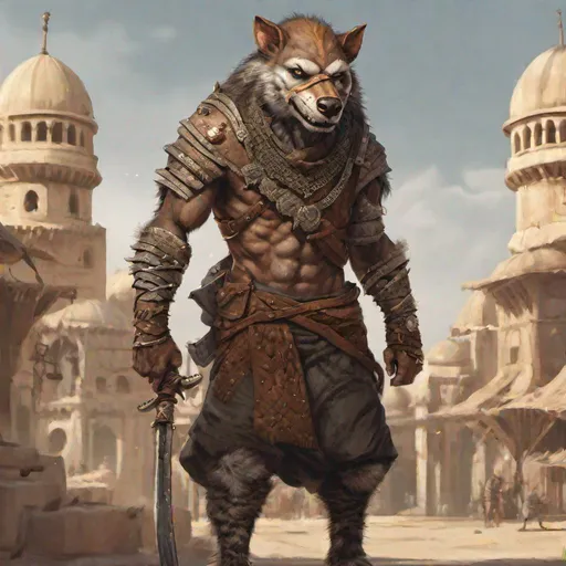 Prompt: Portrait of a gnoll in a Middle East-inspired fantasy city. He wears rusty chainmail and carries a curved scimitar. Full-body shot, highly detailed, character illustration, 8K.