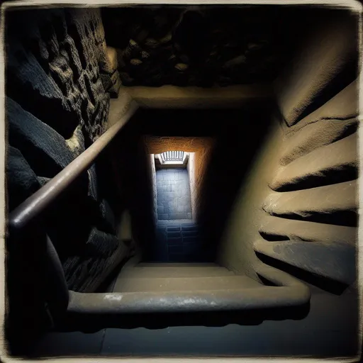 Prompt: Top of a Stone stairwell in a dungeon, looking down