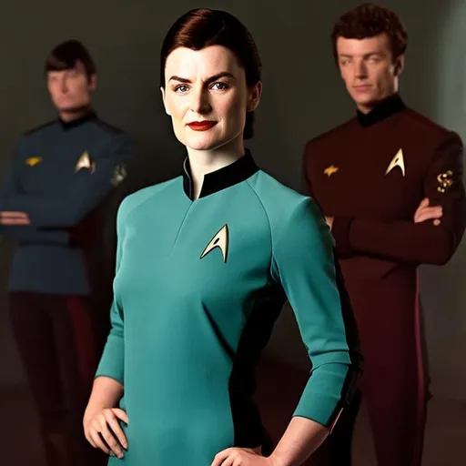 Prompt: A portrait of Emer Kenny, wearing a Starfleet uniform, in the style of "Star Trek the Next Generation."
