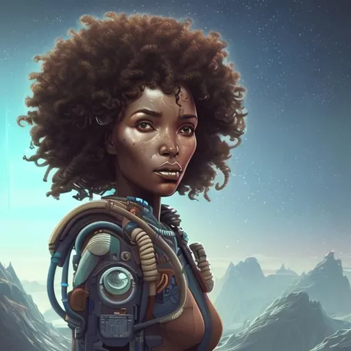 Prompt: Create an illustration of a science fiction character that lives on another planet. hi-res. UHD, HDR. Fantasy colors. Black woman, brown curly hair, some human like physical features. futuristic.
