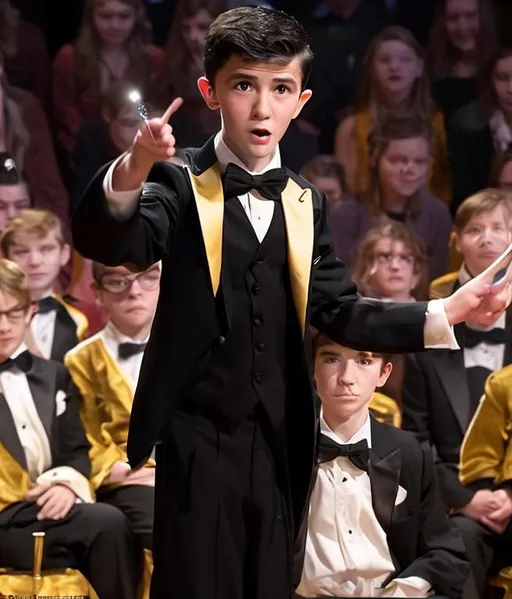 Prompt: 13 year old boy in a tuxedo stands up in the audience and casts a crazy magic spell on the actors with his magic wand Causing the show to go very wrong 