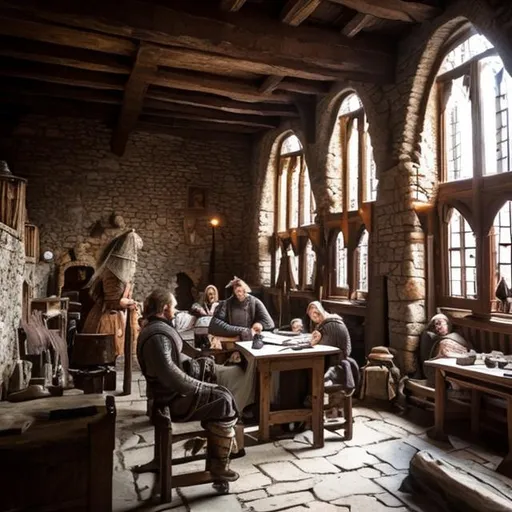 Prompt: we´re at the medieval age inside a castle, everyone´s working and the king is sitting in his trown