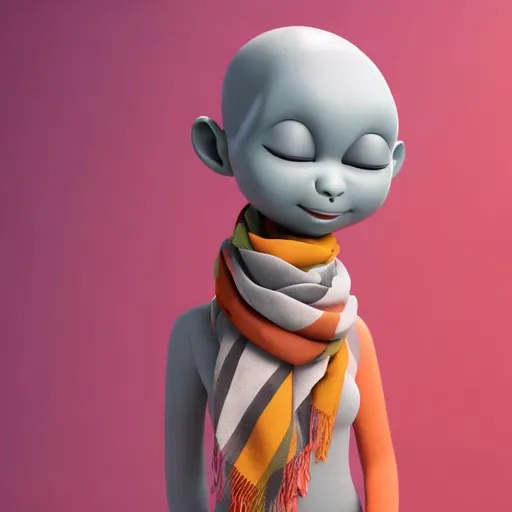 Prompt: A happy, thick, Attractive bald female {Grey Alien}, grey skin, warm colors, wearing a scarf {red}