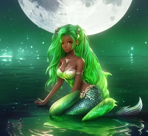 Prompt: Anime, Princess, Lake, Moonlight, Mermaid, Ebony Skin, Busty, 4k, HD. High Quality, Perfect Render, Glowing, Effect.