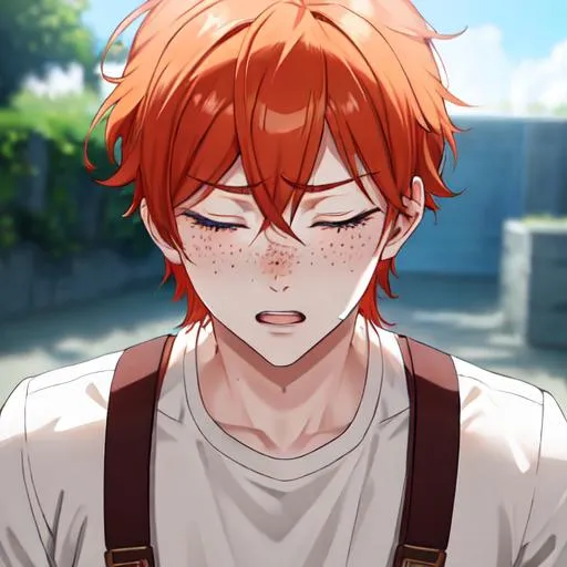 Prompt: Erikku male adult (short ginger hair, freckles, eyes closed) UHD, 8K, Highly detailed, insane detail, best quality, high quality,  anime style, upset, crying