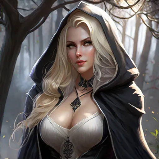Prompt: Game art, fantasy, Beautiful busty seducer, goth, (crop top:1.5), barely clothed, blond hair, pale skin, hooded cloak, full body