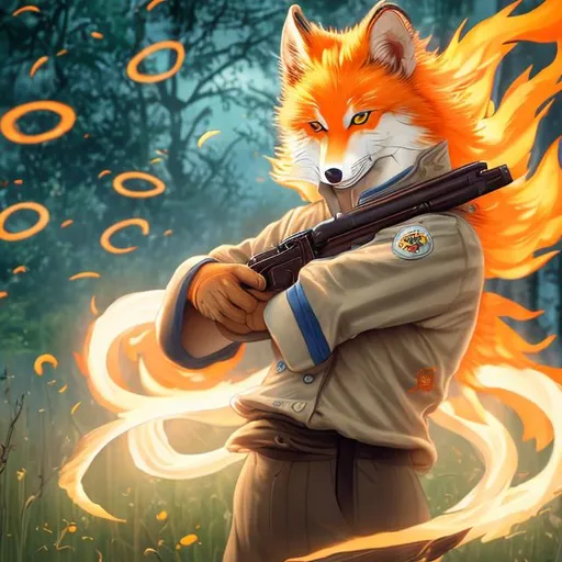 Prompt: beautiful kitsune with vivid blue eyes that glow, orange hair, chef's clothes in a field surrounded by fireflies Hyperrealistic uhd, gunslinger, Pistol in one hand. smoking gun barrel, handgun, firearm, revolver, flintlock, holding a revolver,