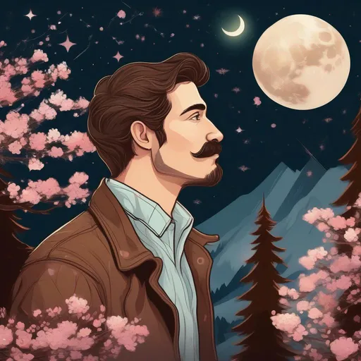 Prompt: A profile beautiful and colourful picture of a handsome man with brunette hair and a mustach, is surrounded by Sitka Spruce trees, cherry blossom flowers, a brown bear, framed by the moon and constellations, in a painted style