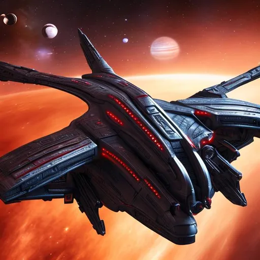 Prompt: A red and silver alien space ship  flies through space.  symmetrical, 4k, hyper-realistic, Star Trek, Klingon