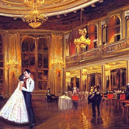 Prompt: a romantic oil painting depicting a big ballroom in Europe in the 1960s, complete with large chandeliers, tall windows, and warm colors and in the corner a woman in a beautiful gown kissing a man in an elegant suit. 