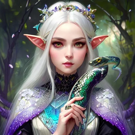 Prompt: A beautiful warlock elf, beautiful face, holding a snake, black eyes, ombre gradient white hair, delicate dress made of gradient iridescent snake scales details by pino daeni, tom bagshaw, Cicely Barker, Daniel Merriam, intricate details by Andrew atroshenko, James Jean, Mark Ryden, charlie bowater, WLOP, Jim burns, esao Andrews, Megan duncanson, beautiful portrait , very detailed, high definition, crisp quality, cinematic smooth, cinematic lighting, ultrarealistic, crispy focus 
