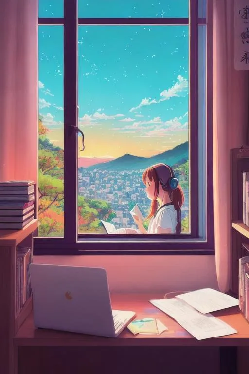 Prompt: detailed aesthetic lofi illustration of a girl listening to music studying in her messy room papers everywhere anime digital art award winning scenery cinematic scene sunset in japan by seerlight and studio ghibli subsurface scattering