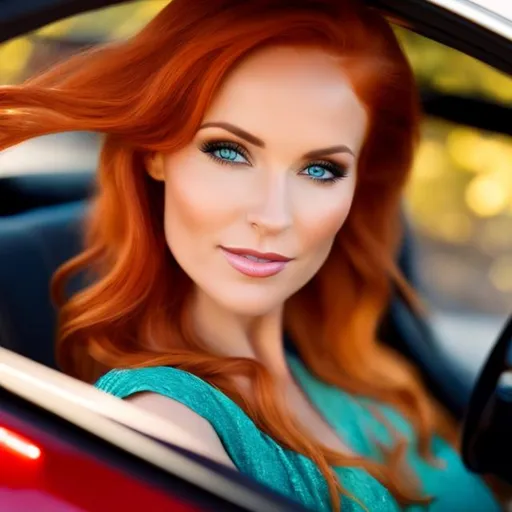 Prompt: {A Mature} elven woman with {red} hair and with cute face, driving a luxury convertible.