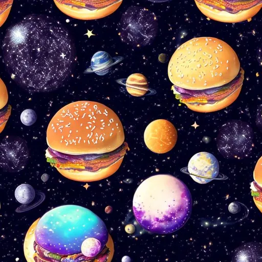 Prompt:  Galaxy with moon and planets and 10 floating hamburgers for phone wallpaper