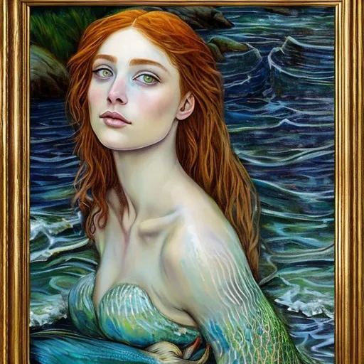 Prompt: Mermaid.  Pre-Raphaelite's Style portrait painting