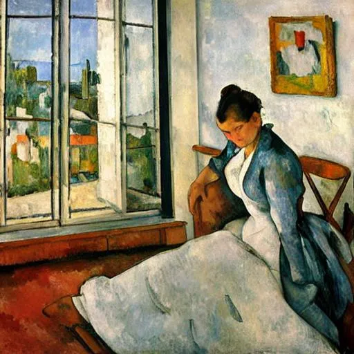 Prompt: Interior high ceiling studio room in off-white, cream walls, other rooms visible within, artist's easel, generous view of nature out window, with ill clad female revealing her cleavage and legs poses tall & vertical showing her entire figure to the male gaze.


Style by Paul Cézanne, Picasso pink period, saltimbanques, matisse
Odalisque,
