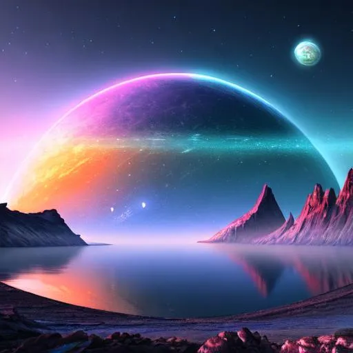 Prompt: Lovecraftian highly futuristic new planet landscape beautiful lake