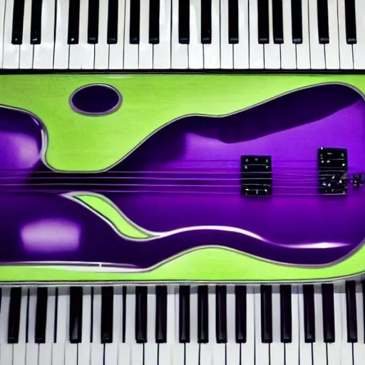 Prompt: one purple electric guitar
one green bass guitar
one snare drum
one piano keyboard