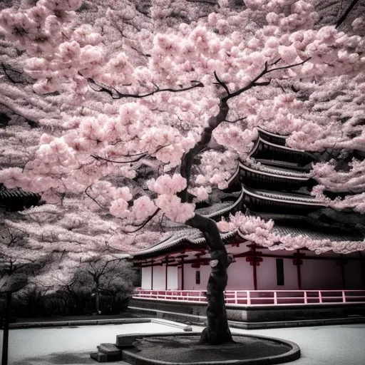 Sakura tree in a temple desaturated pink