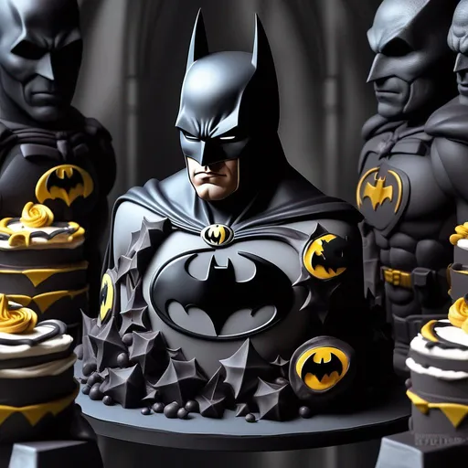 Prompt: batman, cake, sharpness, smoke, mystery, gothic, epic, hyperrealism, 3D detailed, incrustation, contrast forms and lines, contrast space and light.