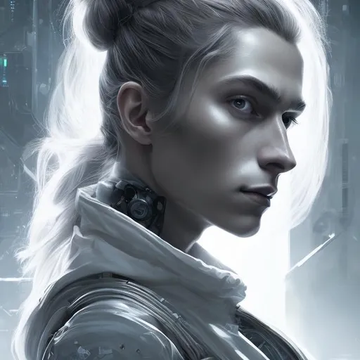 Prompt: beautiful long-haired french young man with blonde hair, ponytail, twentysomething, grey eyes, high cheekbones, introspective, black spacesuit, futuristic, scifi, realistic details, photorealistic, cinematic lighting, ultra detailed
