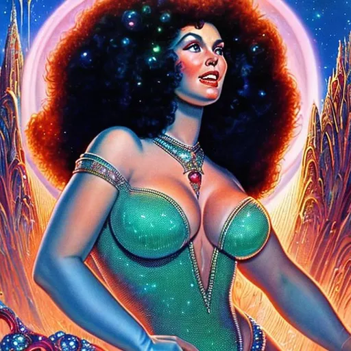 Prompt: 1970s science fiction fantasy cover art by Earl Norem. Close up of beautiful plus size sorceress wearing bikini dress, shimmering jewels, rhinestones, diamonds, sapphires, emeralds, rubies, moonstones. She has red flowing luscious fluffy hair, and luminous skin. On futuristic alien planet with Castle in the background illuminated by neon lights. Vibrant dramatic moody colors, with alien planets in the sky. 