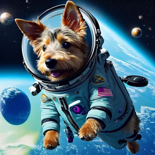 Prompt: a professional movie photograph of, an (Australian terrier dog) floats in spacesuit, tethered to its spacecraft. the background is the limitless void, with stars twinkling in the distance. ((spacesuit)), australian flag on the space uniform, ((zero gravity)), ((outer space)), ((starry backdrop)), ((cuteness overload))., sharp focus photo, uhd, hdr, professionally color graded, perfectly shaded, analog photo, high quality, highres, detail enhancement, 8k, high resolution scan, (photo by nikon d800, 50mm zeiss lens), spotlight