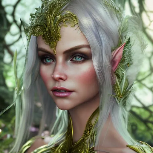 Prompt: Full body hero shot, extremely beautiful elven, feminine features, gorgeous face, liquid gold, veluptuous, flowing blonde hair, bright green eyes, delicate lace, neon filigree, chrismatic cloak, soft lighting, 8k, octane, unreal engine 5, photography, 35mm 1.4, summicron, fuji, photography, photorealism