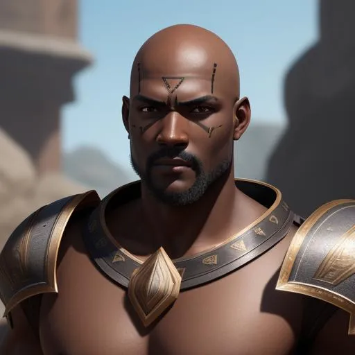 Prompt: Gladiator, black skin, male, bald, (best quality), (ultra highres), (8k resolution), (ultra detailed), (raytracing),