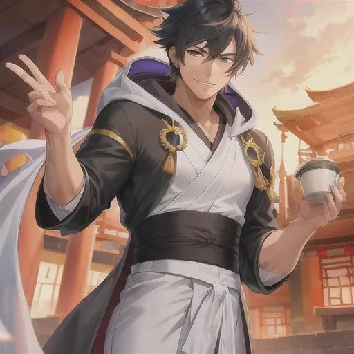Prompt: anime style, tan skin, handsome man with black hair smiling in a temple, wearing a gray monk robe with hood, very detailed body and hands, best quality