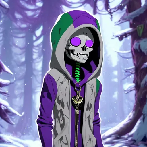 Prompt: A slim 5'9 skeleton with glowing white eyes and wearing a purple and green hoodie with a gold heart locket pendent and black fingerless gloves smiling in a snowy forest animated undertale