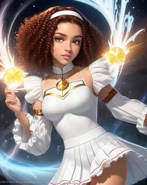Prompt: A beautiful 14 year old ((Latina)) light elemental with light brown skin and a beautiful face. She has short curly reddish brown hair and reddish brown eyebrows. She has a cute face and big lips. She wears a beautiful tight white princess outfit with a white skirt. She has brightly glowing yellow eyes and white pupils. She wears a gold headband. She has a yellow aura around her. She is using light magic in battle against a giant monster in a open field. Epic battle scene art. Full body art. {{{{high quality art}}}} ((goddess)). Illustration. Concept art. Symmetrical face. Digital. Perfectly drawn. A cool background.