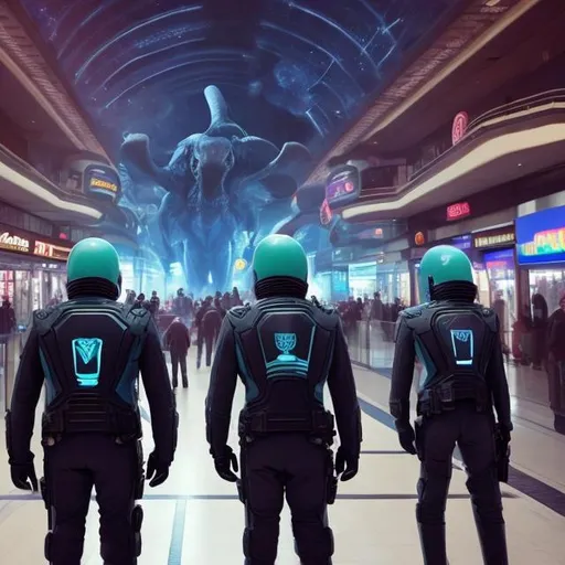 Prompt: Mastodon security guards in a busy alien mall, widescreen, infinity vanishing point, galaxy background, surprise easter egg