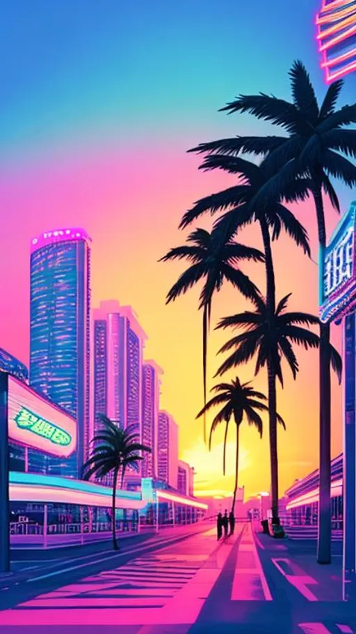 Prompt: vaporwave city, neon lighting, beautiful sunset, palm trees, Retro, large sun