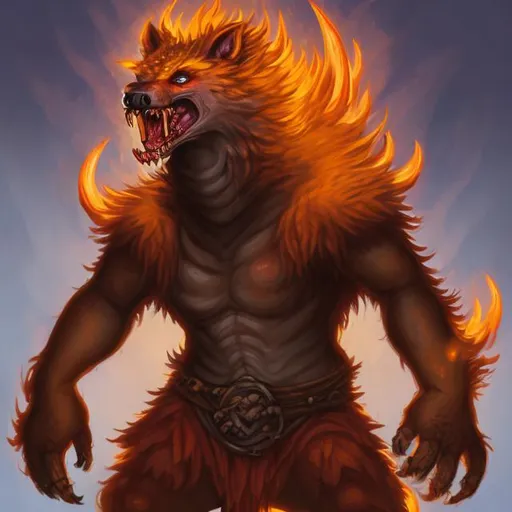 Prompt: dungeons and fiery aura hyena monster
