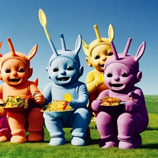 Prompt: Teletubbies sharing a meal