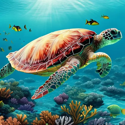 Prompt: A detailed illustration of a green sea turtle swimming in a vibrant coral reef, viewed from above


