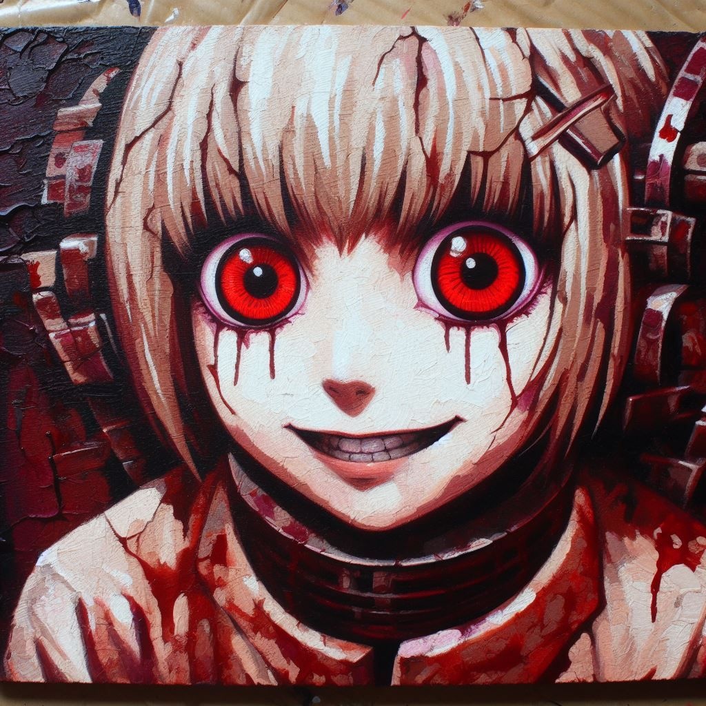 Prompt: oilpaint on carboard grooves of a anime girl with big red eyes, in the style of dark maroon and light beige, horror-inspired, clamp, exaggerated facial features, dark beige and crimson, alex ross, animated exuberance