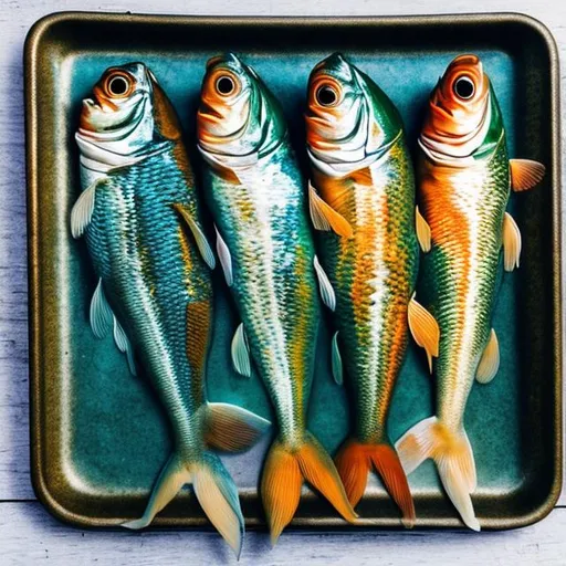 Prompt: 4 fish on a tray