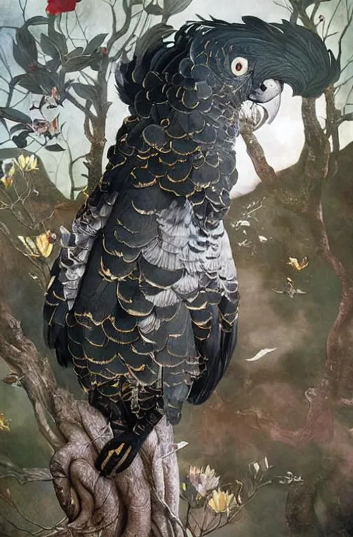 Prompt: Glossy portrait of a red tailed black cockatoo. Art by  Victo Ngai, Sherry Akrami,   Nicoletta Ceccoli, Anna Dittman, Lucie Bilodeau, Laura Diehl, Remedios Varo, Paul Delaroche,  Sergio di lorio, highly detailed, sharp focus, ethereal, fantastic view, dreamy, Epic, celestial, sparkling, glossy, light emitting,  inner light.
