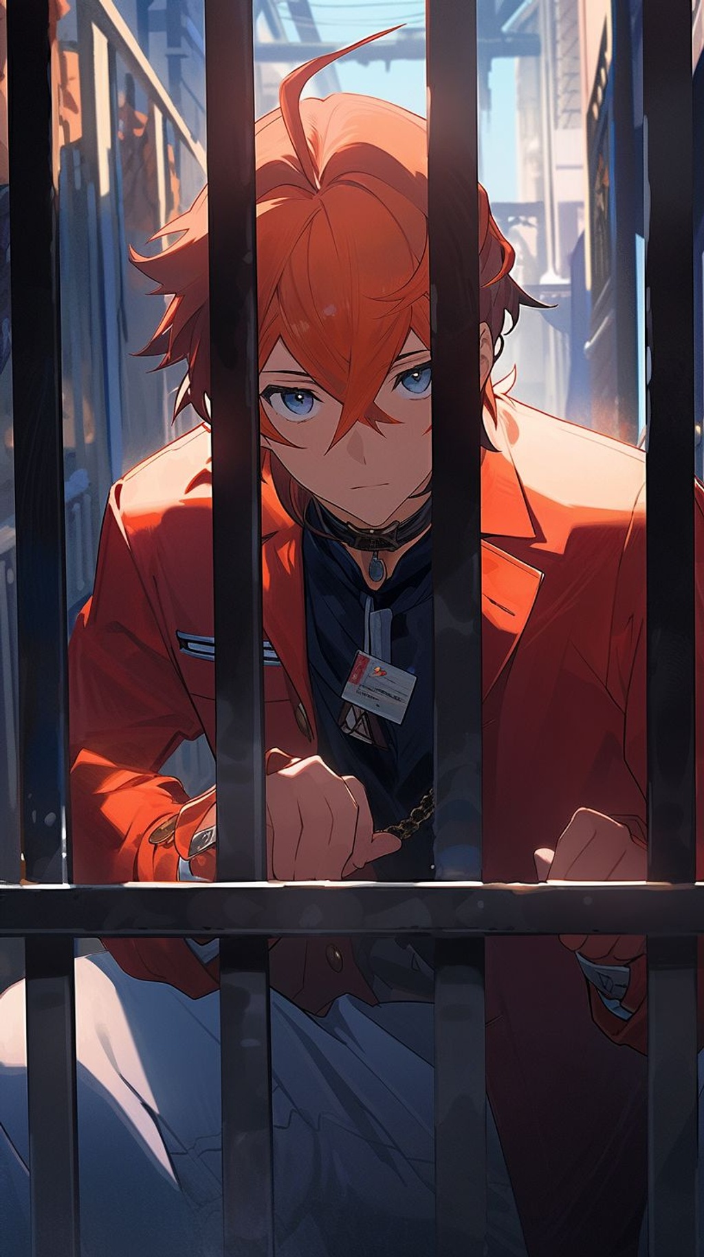Prompt: Tartaglia from genshin impact, Short messy red hair falling between the eyes, eyes are bright blue, red gem earing, wearing an orange prison jumper with white nametag, sitting inside a prison cell with an open window and a guillotine outside his cell. --upbeta --niji 5 --style scenic --ar 9:16