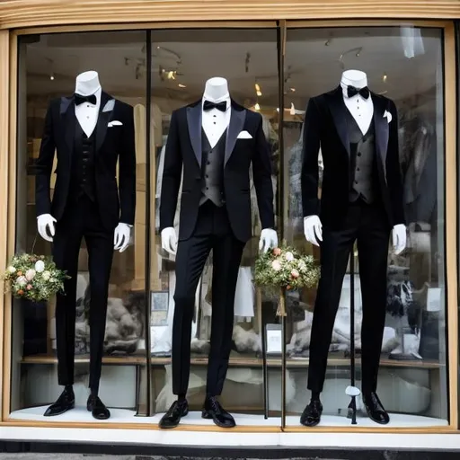 Prompt: men’s tuxedos being displayed in the windows of a store titled “Tuxedos, Ball Gowns, & Witch Ware”