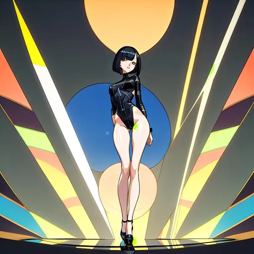 Prompt: a lonely AI girl, very tall, thick thighs, wide hips, huge glutes, long legs, slender arms, slender waist, big beautiful symmetrical eyes, intriguingly beautiful face, aloof expression, bob haircut with bangs, wearing Dazzle-Camouflage fashion clothes, high fashion, 12K resolution, hyper quality, hyper-detailed, 12K resolution, hyper-professional