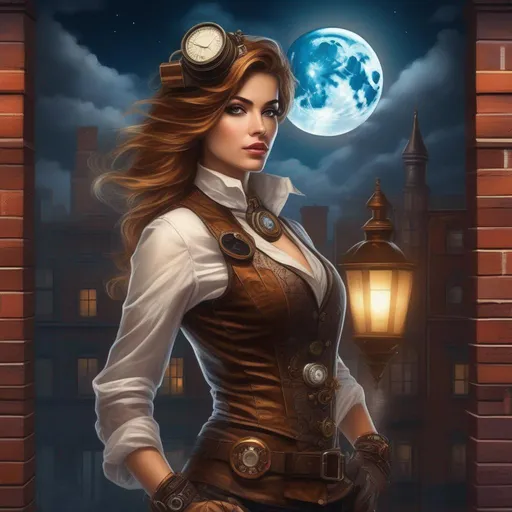 Prompt: Fresco Painting, a female steampunk hacker, brick wall as background, Full-body portrait, detailed beautiful eyes, epic full moon in background, urban city, windy with clouds, 8k, dim lighting