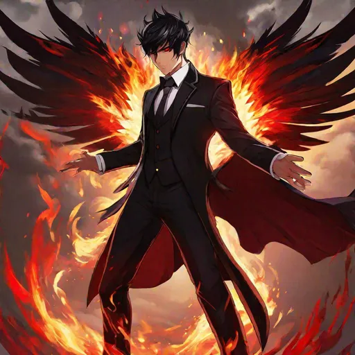 Prompt: Damien  (male, short black hair, red eyes) demon form, wearing a tuxedo, fighting, wearing a crown, angry, fire around him, wings spread
